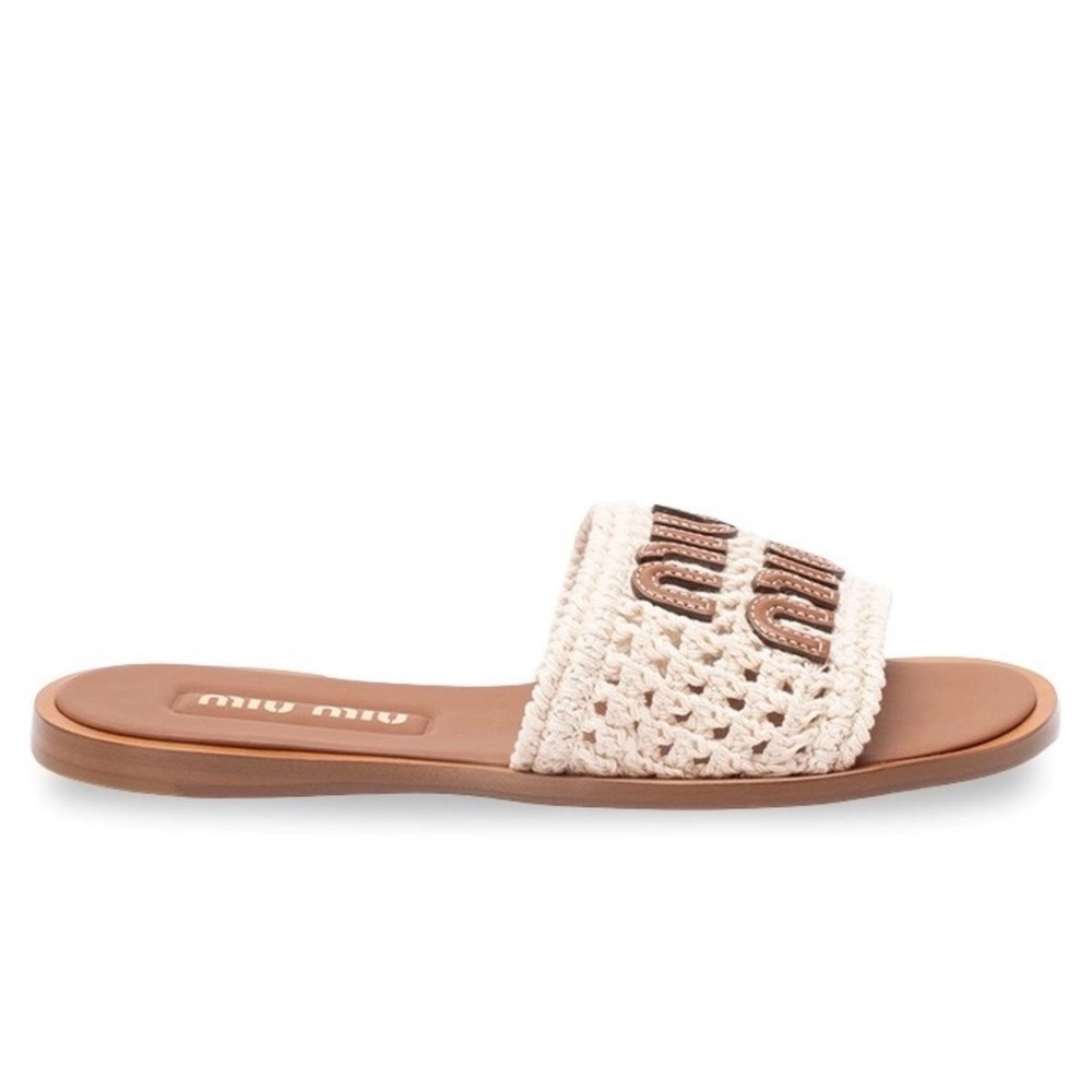 MIU MIU logo crochet and leather slides sandals - Picture 2 of 5